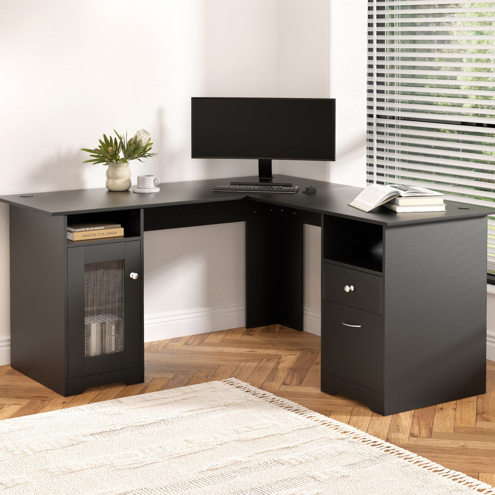 Computer Desk Home Office L-shaped Corner Table with Storage - Black