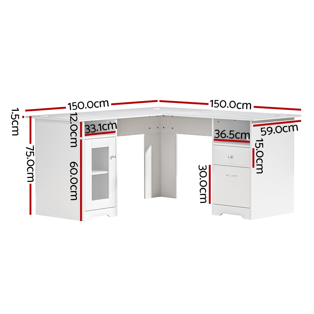 Computer Desk Shelf Cabinet L-Shape 150CM - White