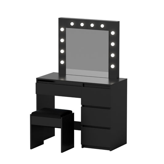Dressing Table Set Stool 12 LED Bulbs - Black