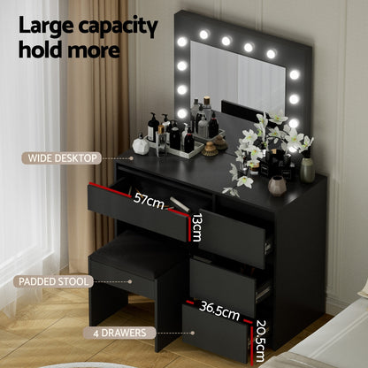 Dressing Table Set Stool 12 LED Bulbs - Black