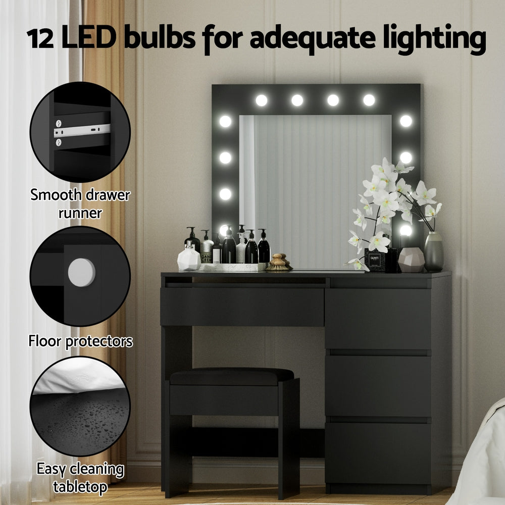 Dressing Table Set Stool 12 LED Bulbs - Black