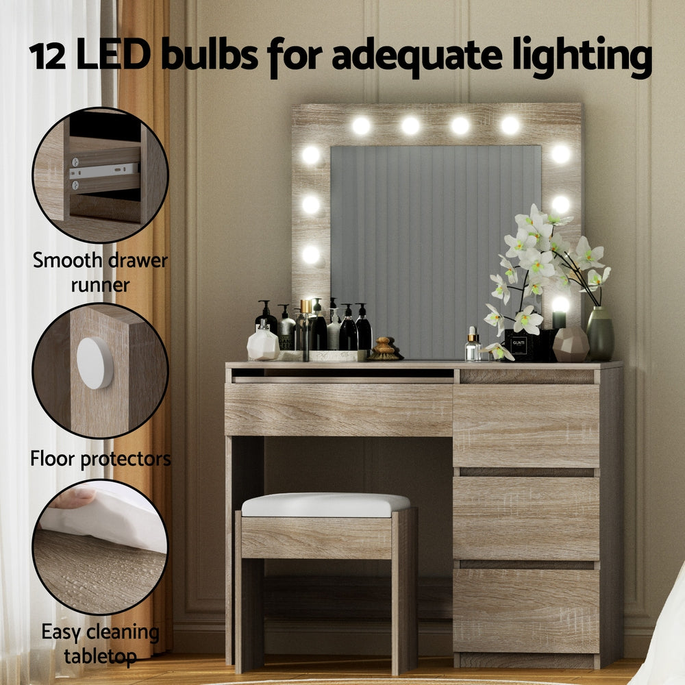 Dressing Table Set Stool 12 LED Bulbs - Wood