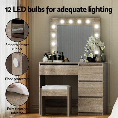 Dressing Table Set Stool 12 LED Bulbs - Wood
