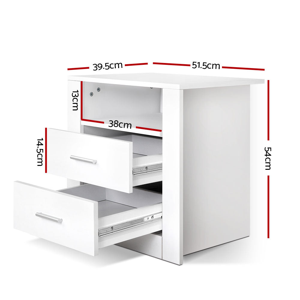 Tara Bedside Table 2 Drawers with Shelf - White
