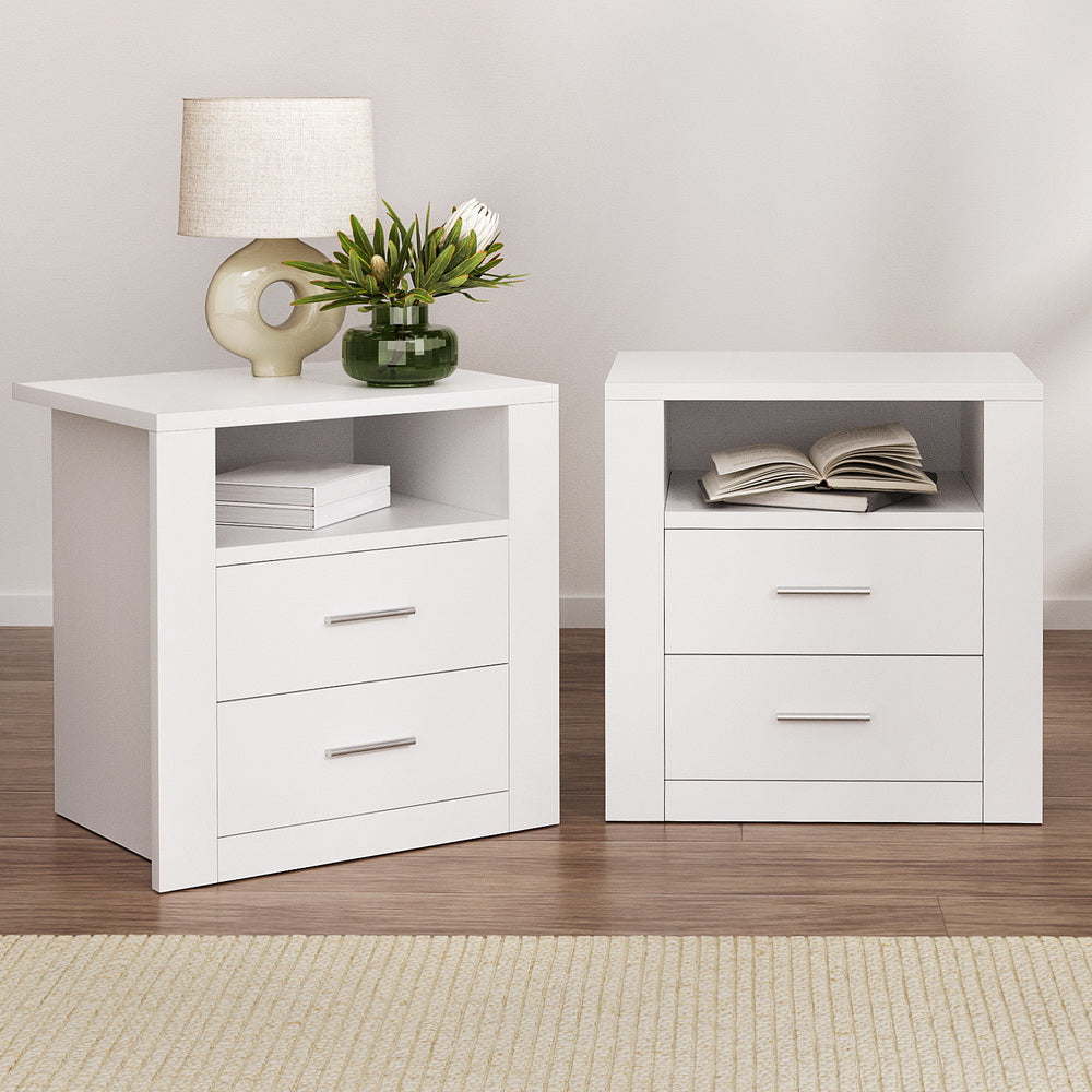 Set of 2 Tara Bedside Table 2 Drawers with Shelf - White