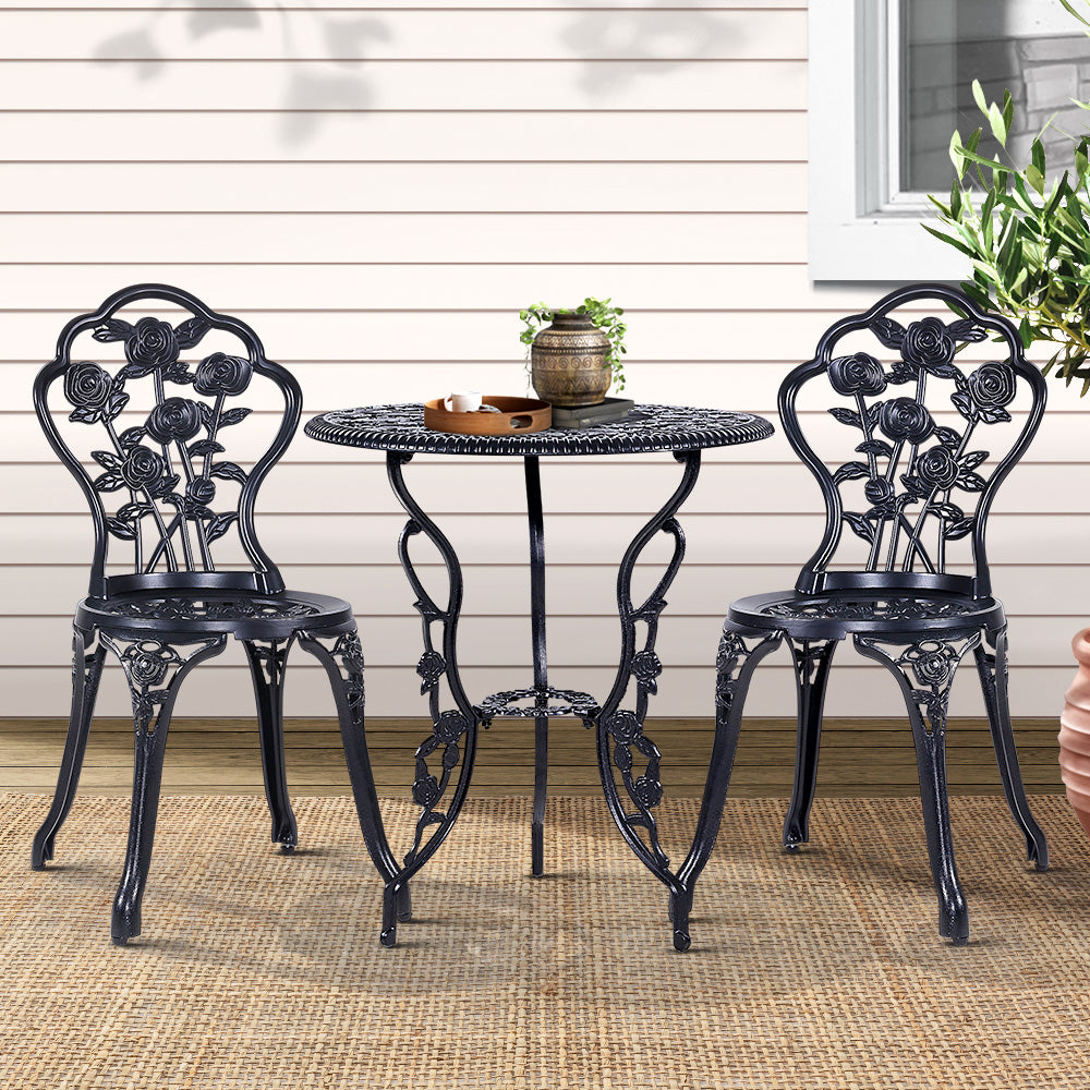 3 Piece Outdoor Cast Aluminum Bistro Set - Rose Black