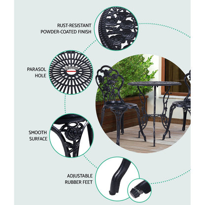 3 Piece Outdoor Cast Aluminum Bistro Set - Rose Black