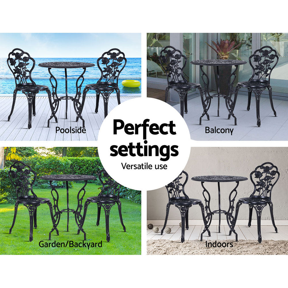 3 Piece Outdoor Cast Aluminum Bistro Set - Rose Black