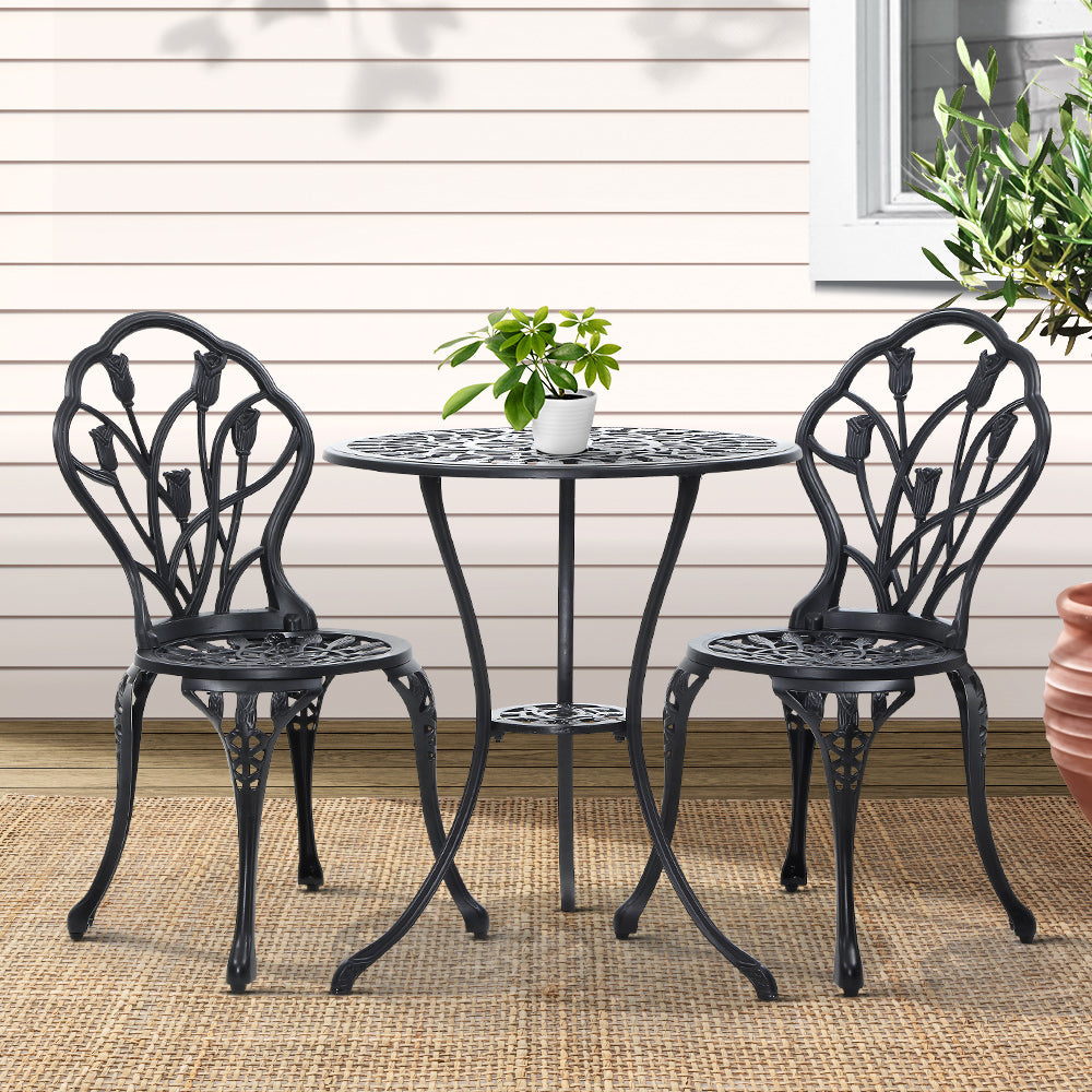 3 Piece Outdoor Cast Aluminum Bistro Set - Tulip Black