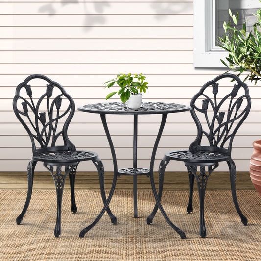 3 Piece Outdoor Cast Aluminum Bistro Set - Tulip Black