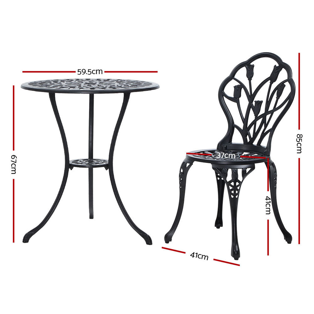 3 Piece Outdoor Cast Aluminum Bistro Set - Tulip Black