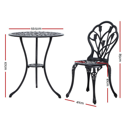 3 Piece Outdoor Cast Aluminum Bistro Set - Tulip Black
