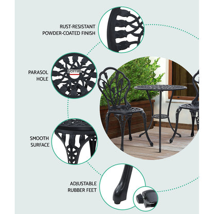 3 Piece Outdoor Cast Aluminum Bistro Set - Tulip Black