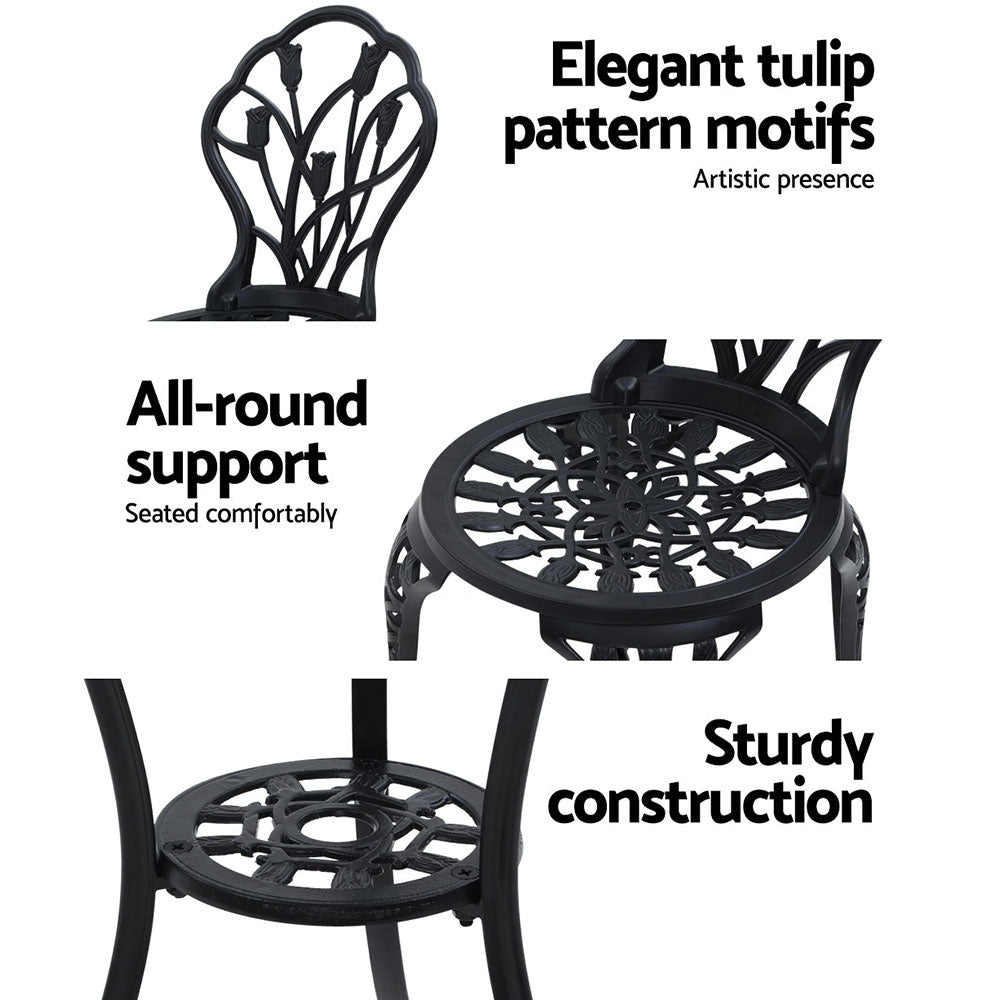 3 Piece Outdoor Cast Aluminum Bistro Set - Tulip Black