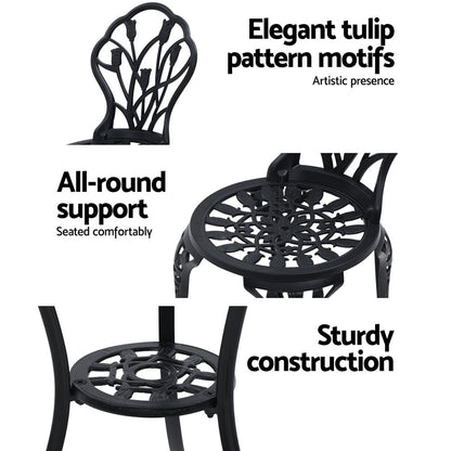 3 Piece Outdoor Cast Aluminum Bistro Set - Tulip Black
