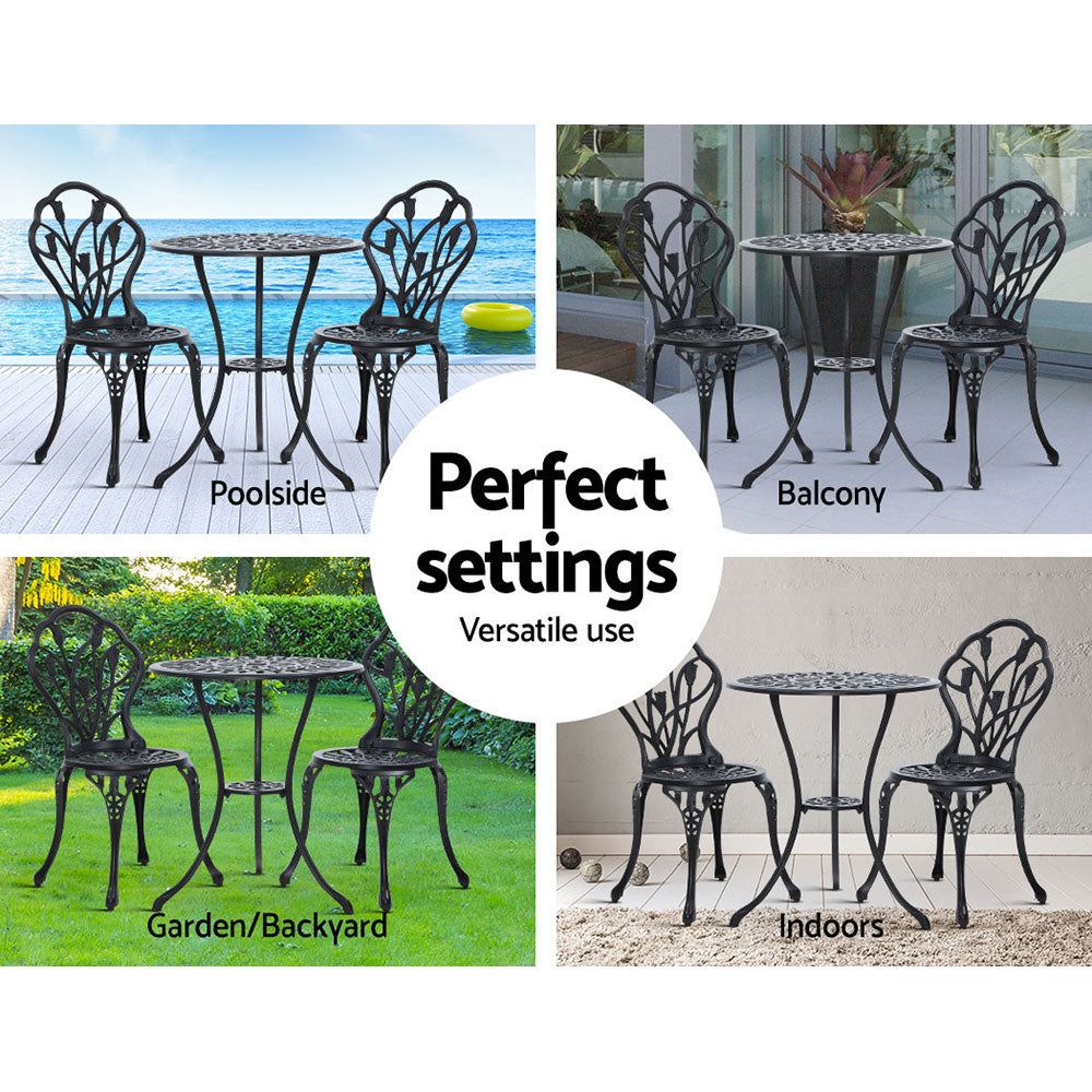 3 Piece Outdoor Cast Aluminum Bistro Set - Tulip Black