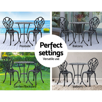 3 Piece Outdoor Cast Aluminum Bistro Set - Tulip Black