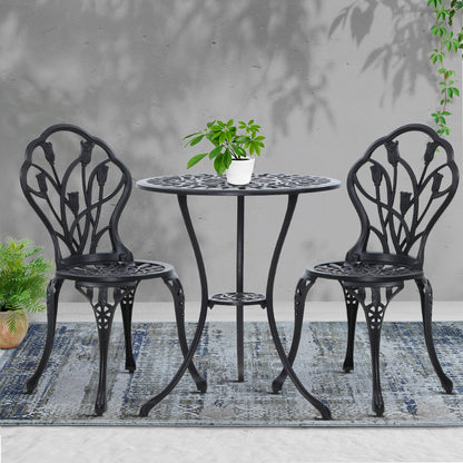 3 Piece Outdoor Cast Aluminum Bistro Set - Tulip Black