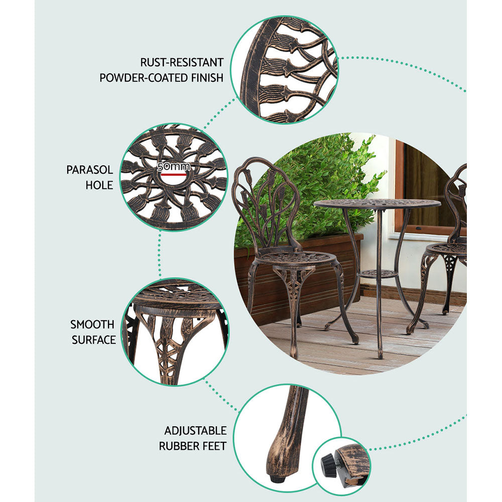 3 Piece Outdoor Cast Aluminum Bistro Set - Tulip Bronze