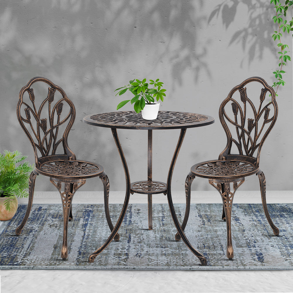 3 Piece Outdoor Cast Aluminum Bistro Set - Tulip Bronze
