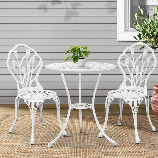 3 Piece Outdoor Cast Aluminum Bistro Set - Tulip White