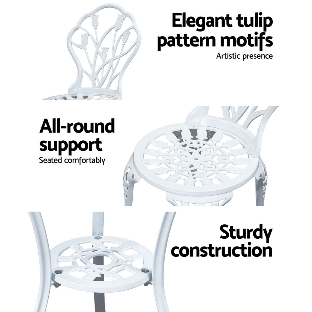 3 Piece Outdoor Cast Aluminum Bistro Set - Tulip White