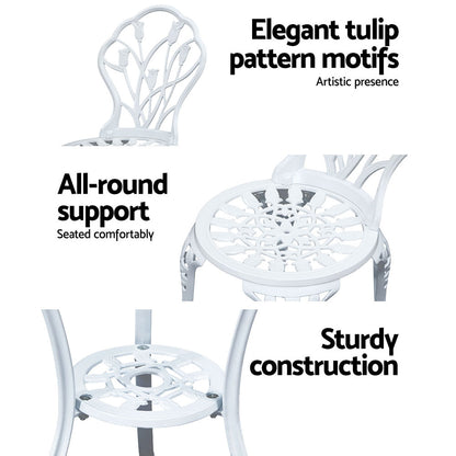 3 Piece Outdoor Cast Aluminum Bistro Set - Tulip White