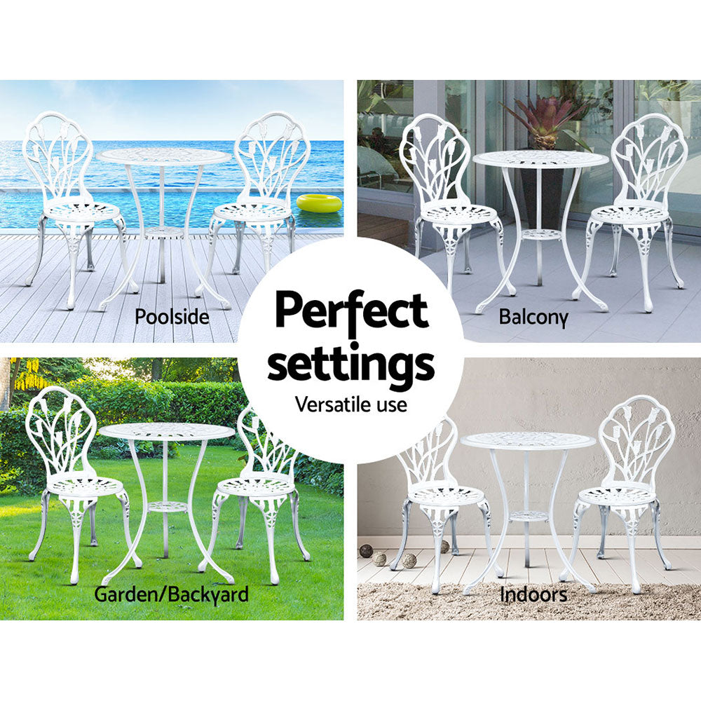 3 Piece Outdoor Cast Aluminum Bistro Set - Tulip White