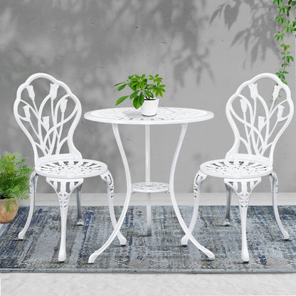 3 Piece Outdoor Cast Aluminum Bistro Set - Tulip White