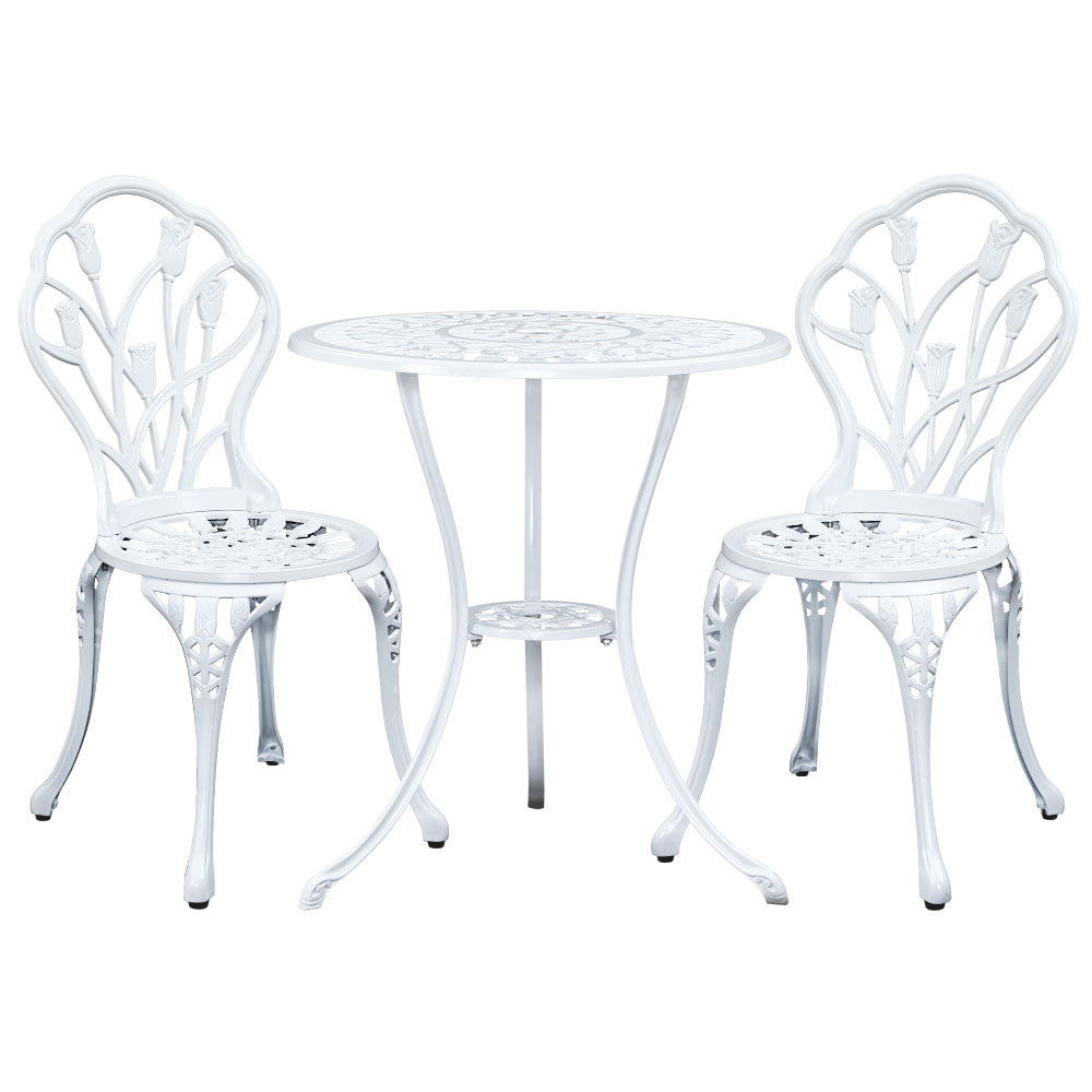 3 Piece Outdoor Cast Aluminum Bistro Set - Tulip White
