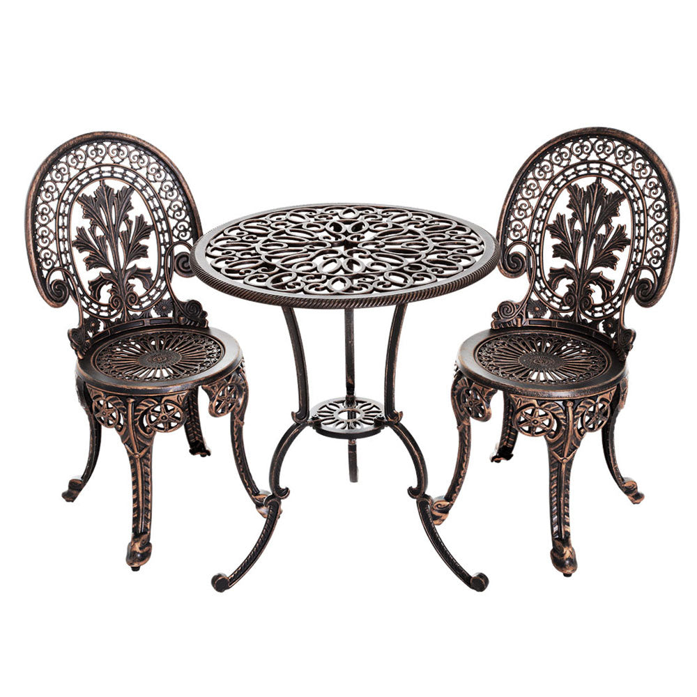 3PC Outdoor Cast Aluminium Bistro Set Dining Chairs - Bronze