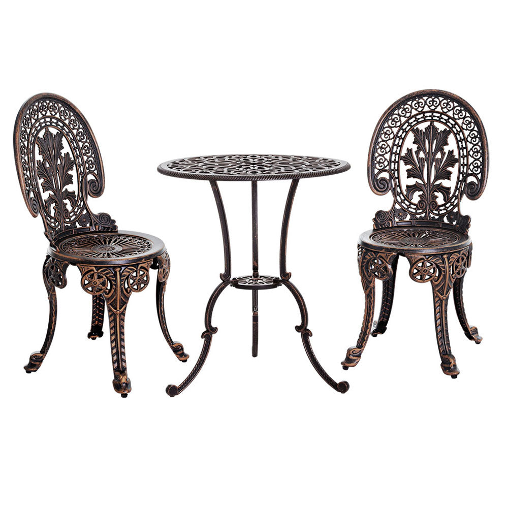3PC Outdoor Cast Aluminium Bistro Set Dining Chairs - Bronze