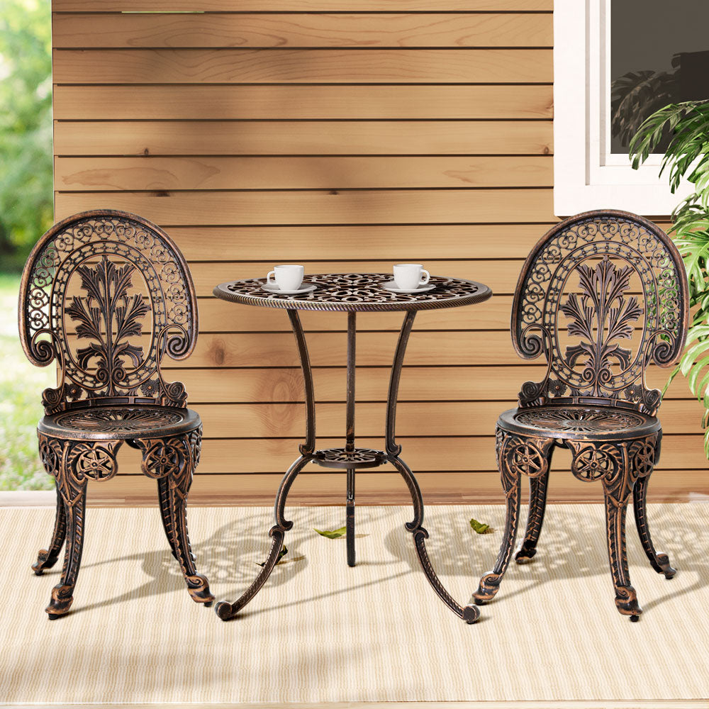3PC Outdoor Cast Aluminium Bistro Set Dining Chairs - Bronze
