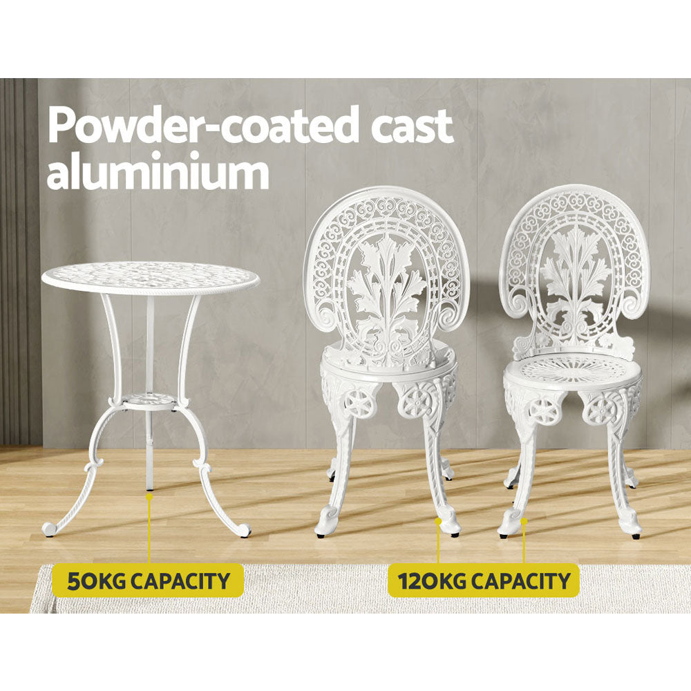 3PC Outdoor Cast Aluminium Bistro Set Dining Chairs - White