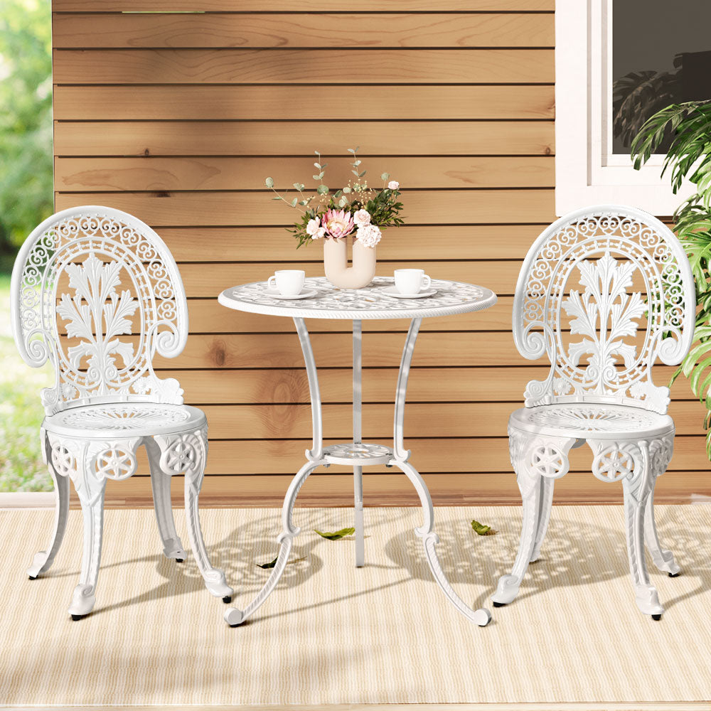 3PC Outdoor Cast Aluminium Bistro Set Dining Chairs - White