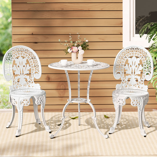 3PC Outdoor Cast Aluminium Bistro Set Dining Chairs - White
