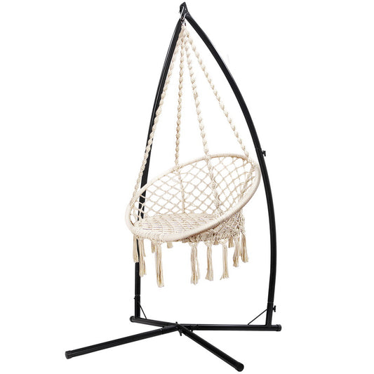 Macrame Hammock Chair with Steel Stand Outdoor Swinging - Cream
