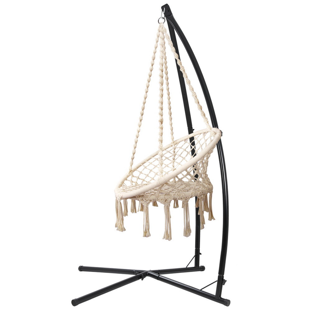 Macrame Hammock Chair with Steel Stand Outdoor Swinging - Cream