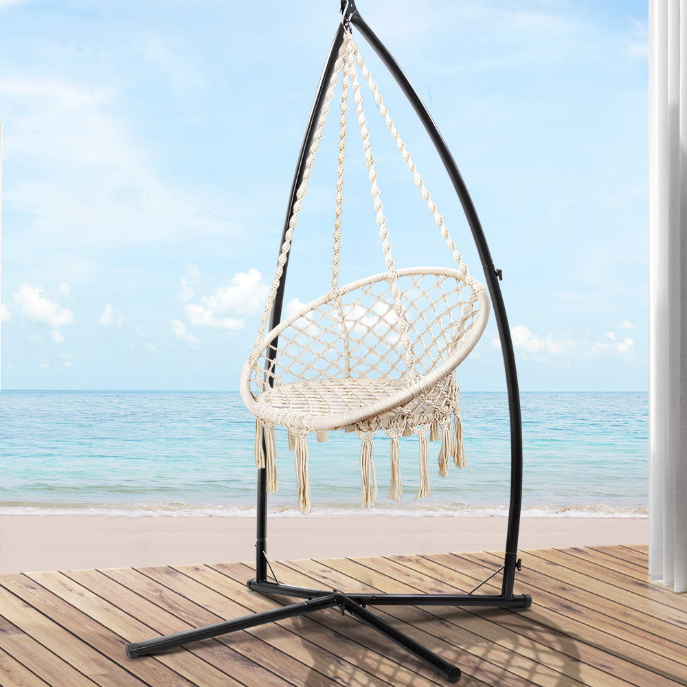 Macrame Hammock Chair with Steel Stand Outdoor Swinging - Cream