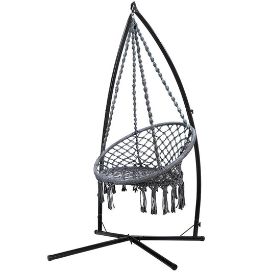 Outdoor Macrame Hammock Chair with Steel Stand - Grey