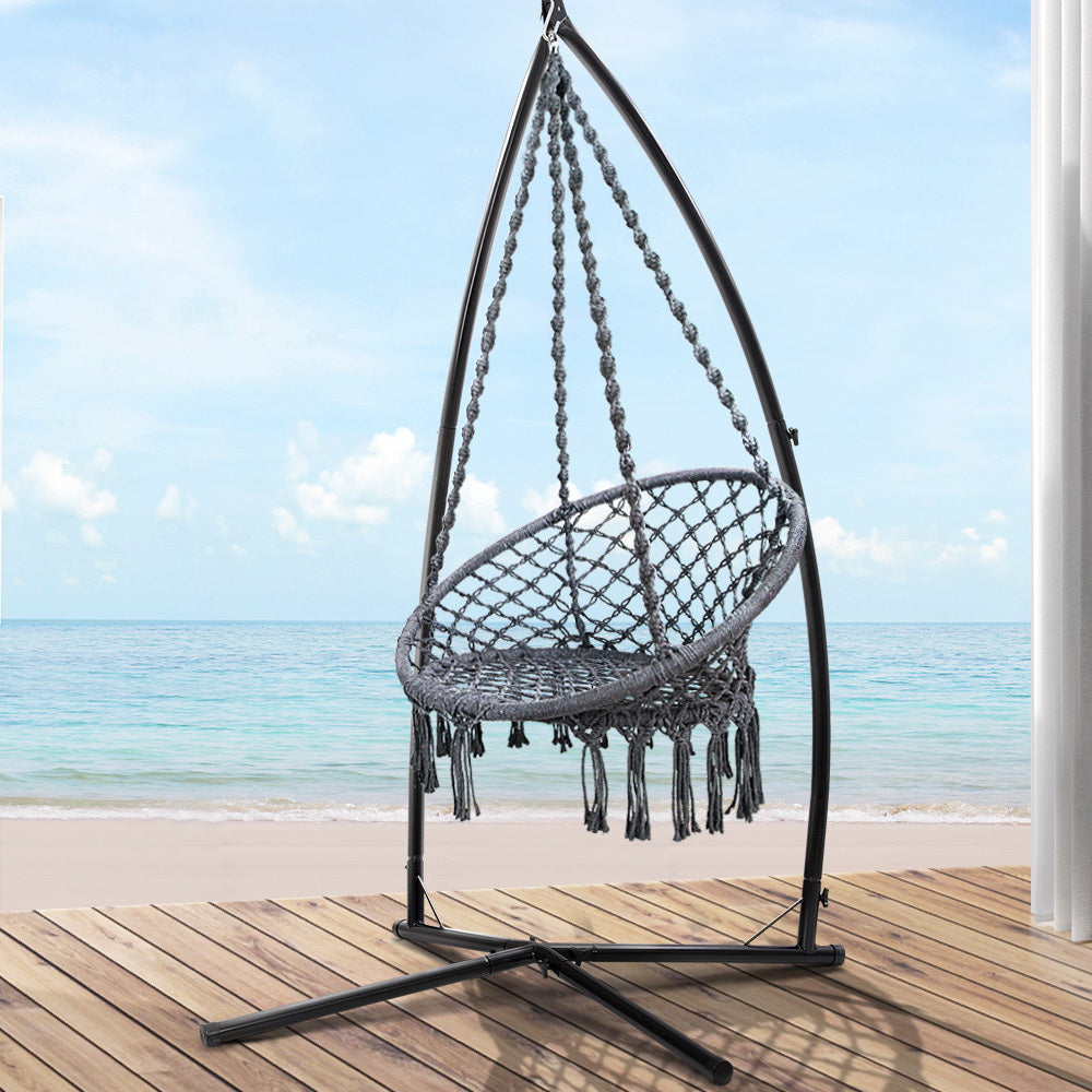 Outdoor Macrame Hammock Chair with Steel Stand - Grey