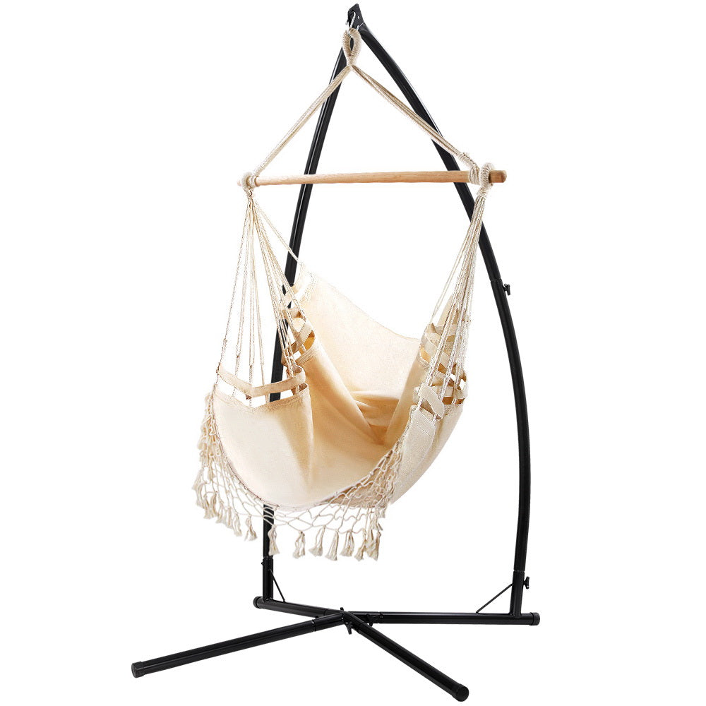 Outdoor Hammock Chair with Steel Stand Hanging Tassel Cream
