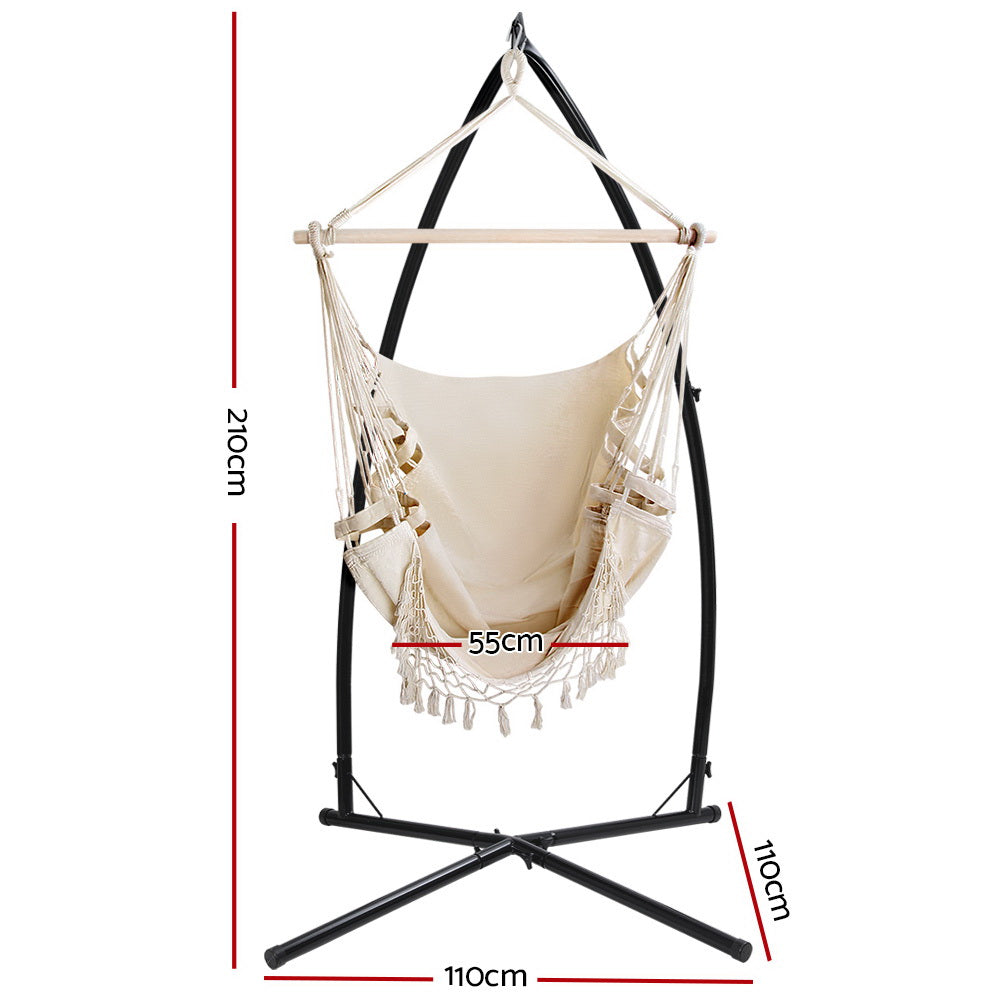 Outdoor Hammock Chair with Steel Stand Hanging Tassel Cream
