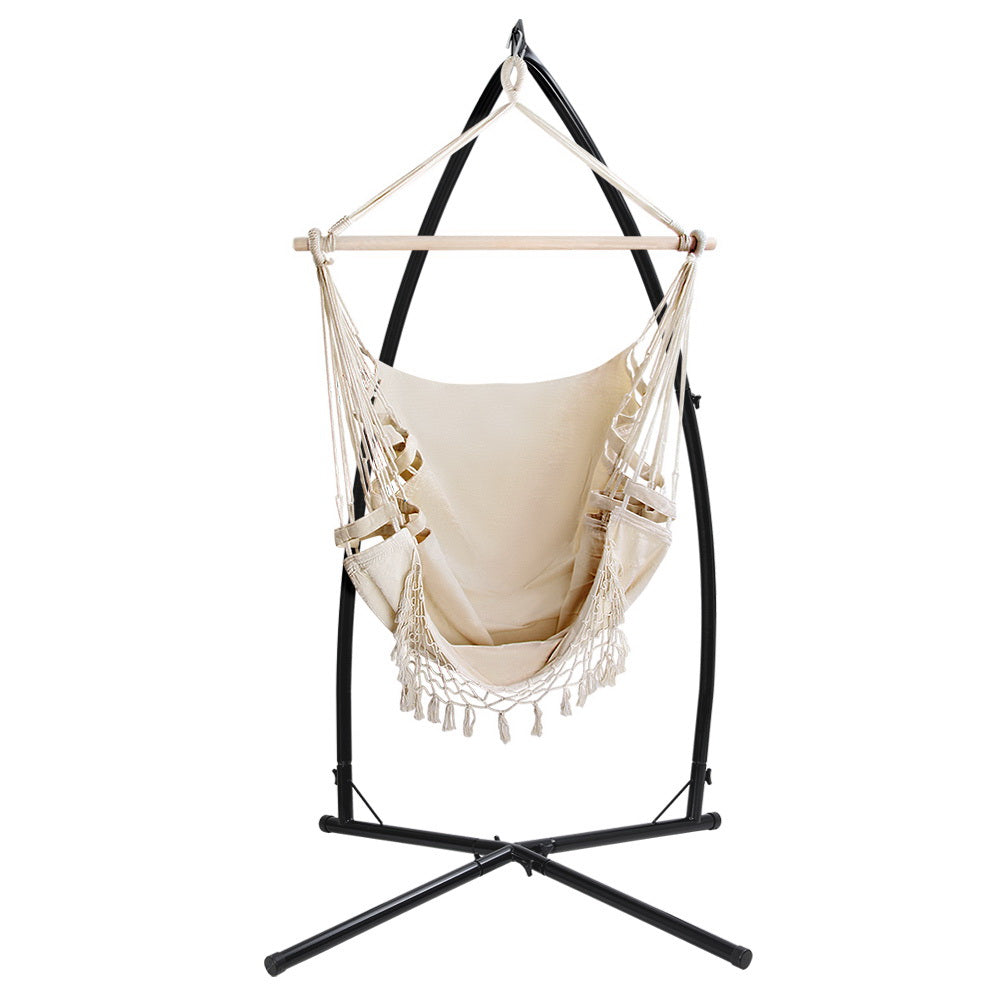 Outdoor Hammock Chair with Steel Stand Hanging Tassel Cream