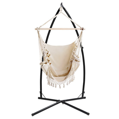 Outdoor Hammock Chair with Steel Stand Hanging Tassel Cream