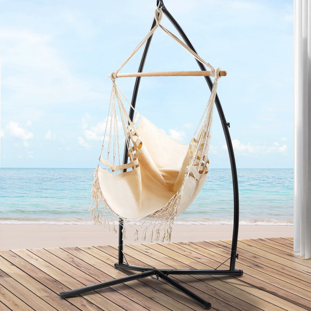 Outdoor Hammock Chair with Steel Stand Hanging Tassel Cream