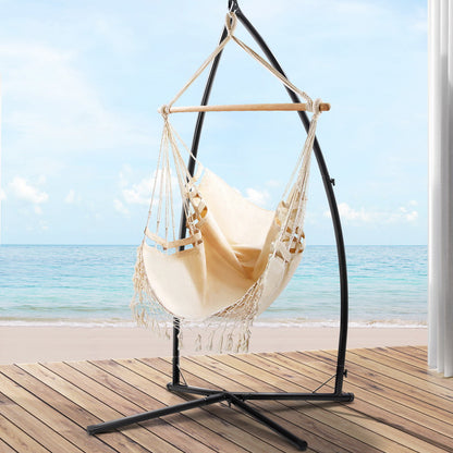 Outdoor Hammock Chair with Steel Stand Hanging Tassel Cream