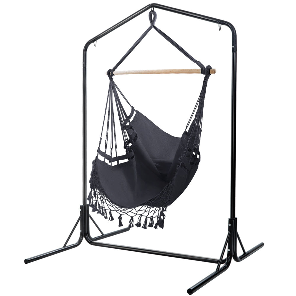 Outdoor Hammock Chair with Stand Tassel Hanging Rope Hammock Grey