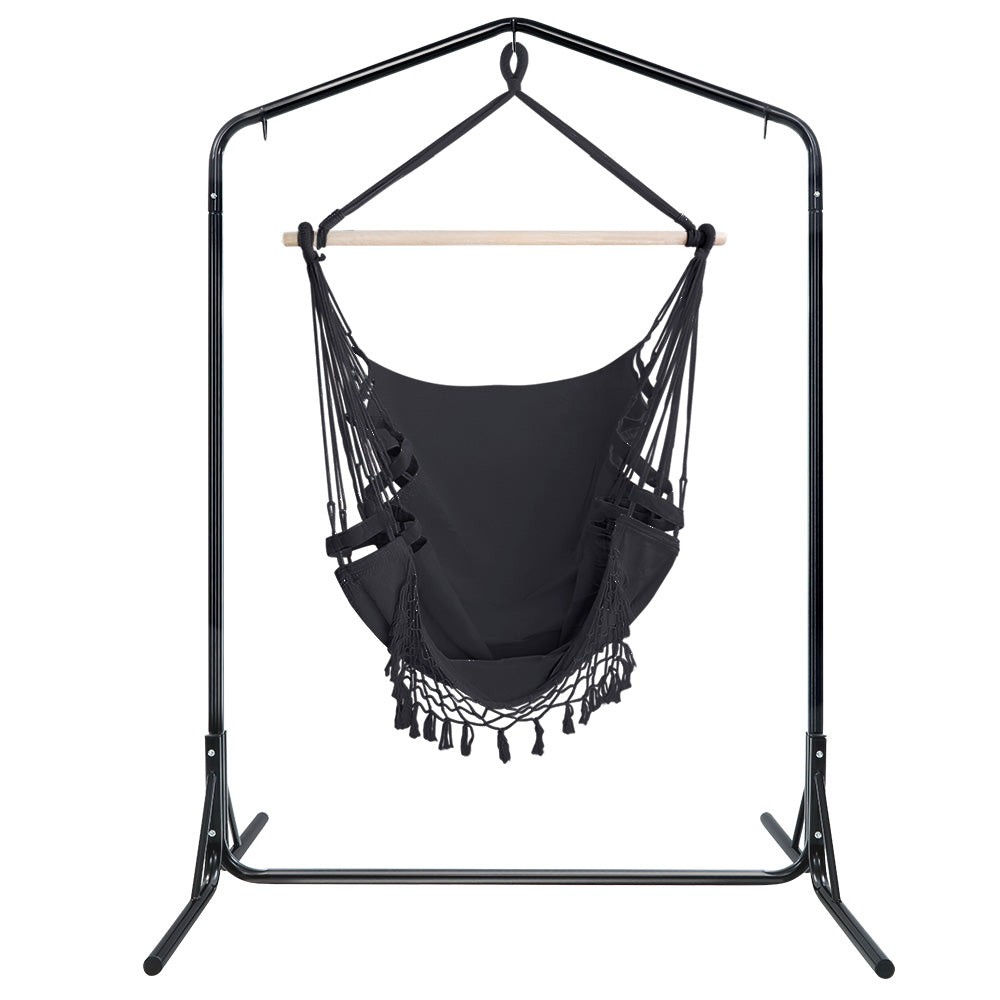 Outdoor Hammock Chair with Stand Tassel Hanging Rope Hammock Grey