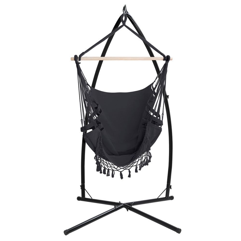 Outdoor Hammock Chair with Steel Stand Hanging Tassel Grey